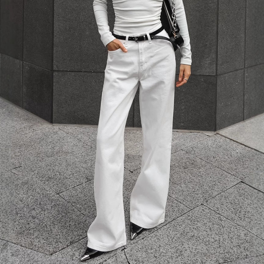 High Street White Straight Cut Mopping Casual Trousers Autumn Winter Trousers - ALZO