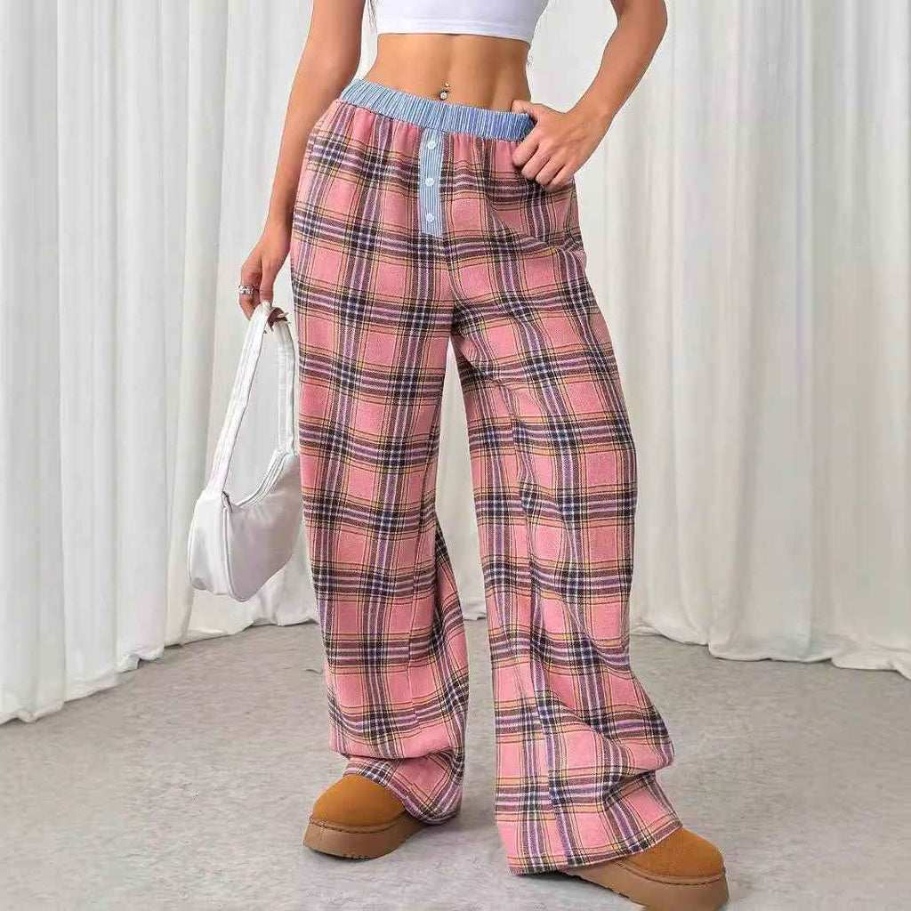 Millennium Sexy Sweet Cool Plaid Color Block Stitching Waist Head Straight Leg Trousers