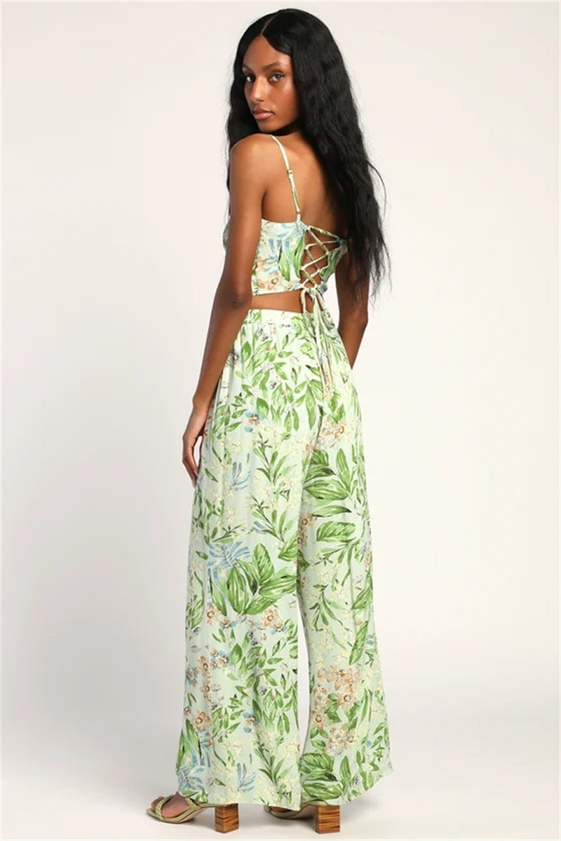 Casual Sexy Sling Vest High Waist Print Wide Leg Pants Two Piece Sets - ALZO