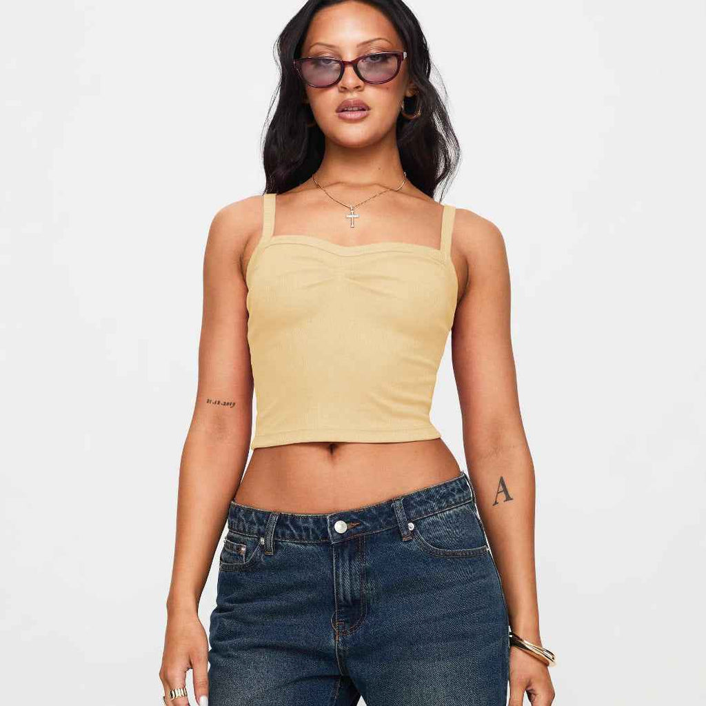 Spring Summer Women Clothing Solid Color Pleated Design Short Bare Cropped Slim Fit All Matching Tank Top