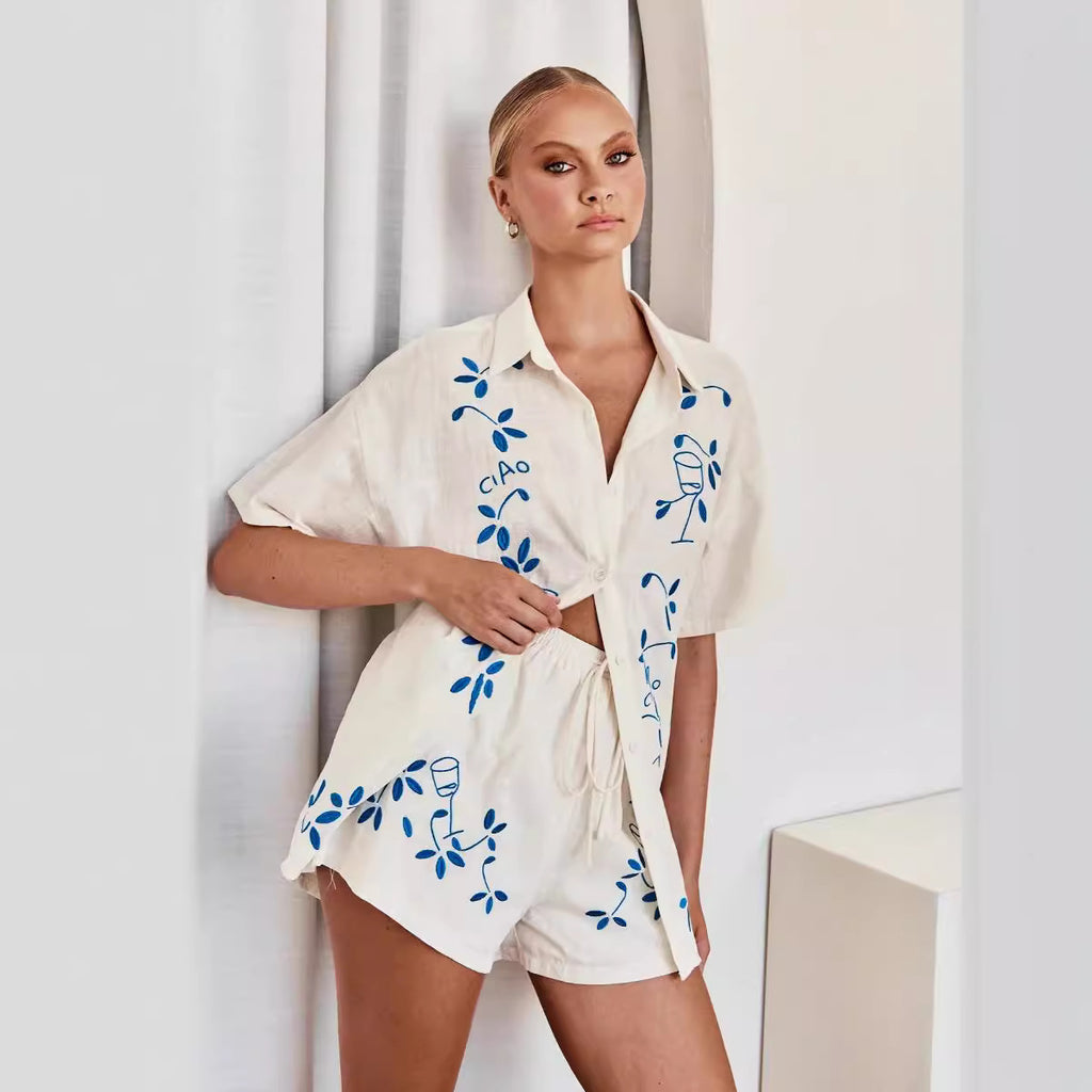 Spring Summer 3D Three Dimensional Embroidered Comfort Casual Shirt Short Suit - ALZO