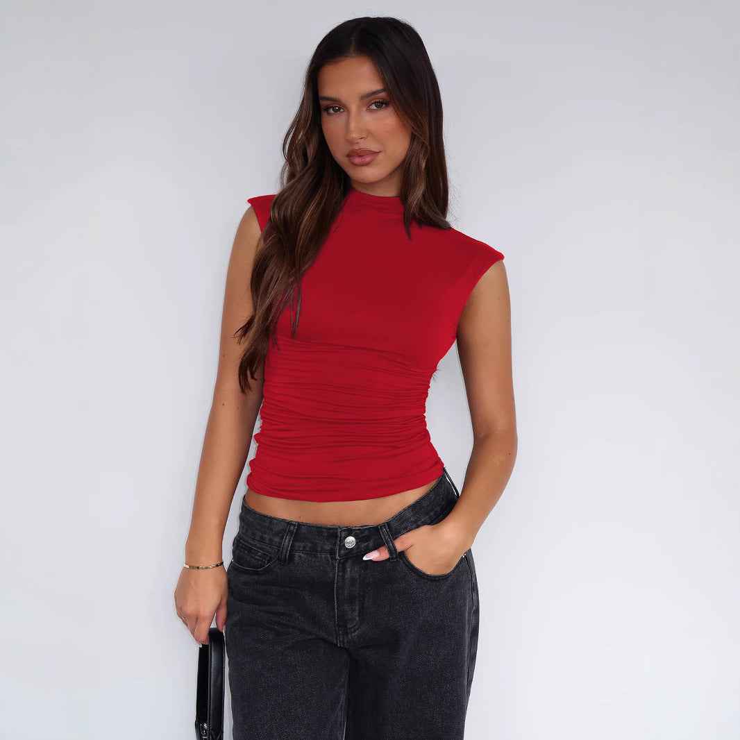 Women Clothing Summer Half Turtleneck Solid Color Pleated Slim Sleeveless Simple Comfortable Top Women