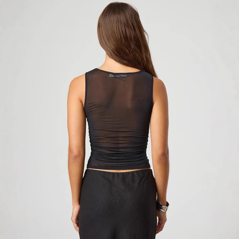 Spring Women Wear Top Solid Color See through Sexy Mesh Bottoming Shirt for Women - ALZO