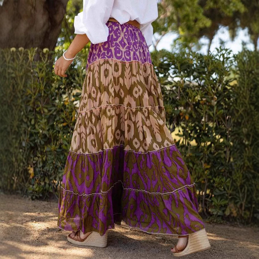 Women Skirt Printed Ruffled Swing Long Skirt - ALZO