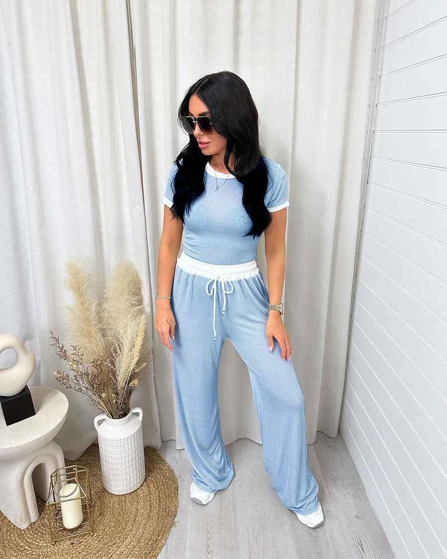Spring Summer Round Neck Contrast Color Short-Sleeved Women Clothing Casual Wide Leg Pants Sports Suit