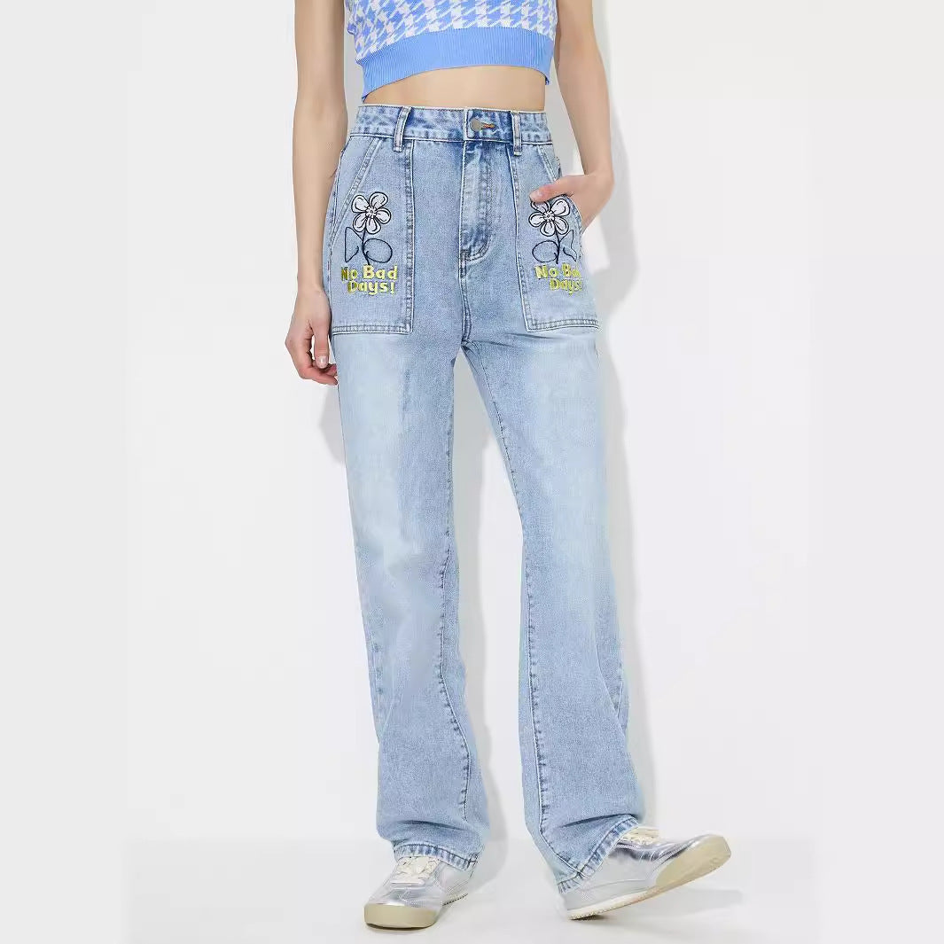 Women Clothing Straight Embroidered Loose High Waist Denim Trousers - ALZO