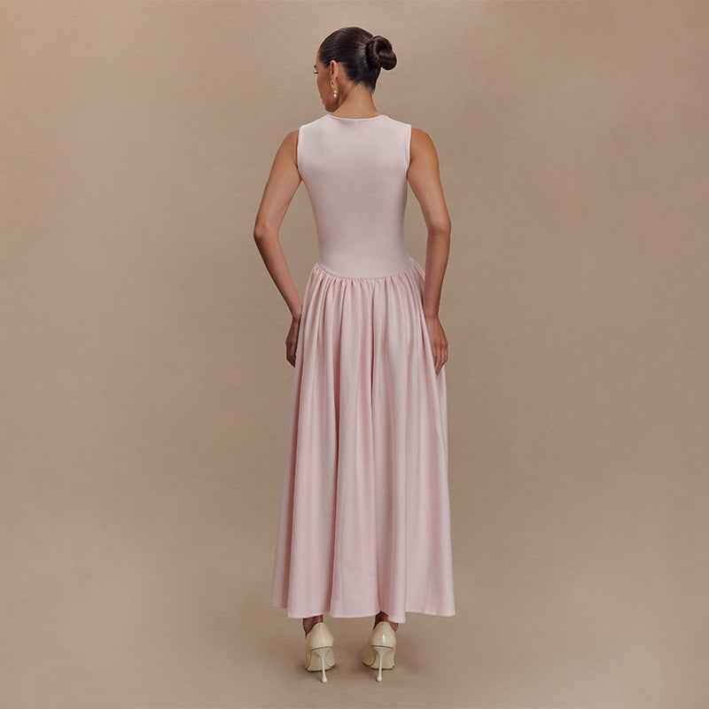 Spring French Pink Strap Dress Elegant Large Swing Dress Square Collar
