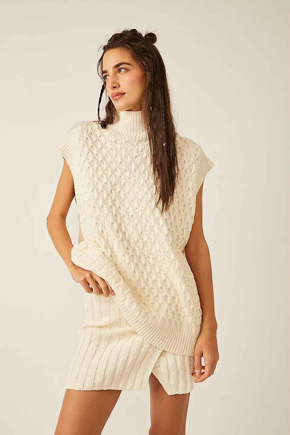 Autumn Winter Women Solid Color Sleeveless Casual Loose Woolen Top Sexy Skirt Two Piece Sets