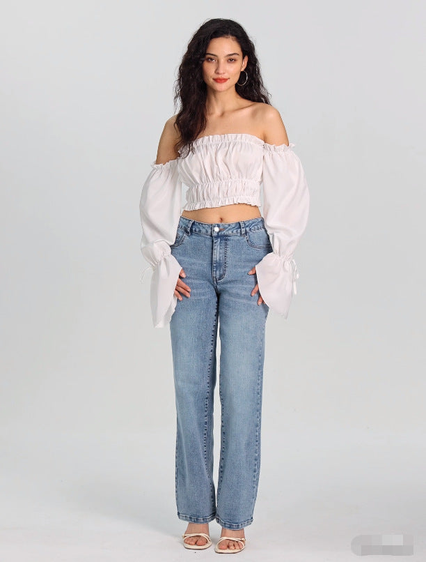 Trendy Micro Elastic Denim Trousers Women Straight Simple High Waist Trousers - ALZO
