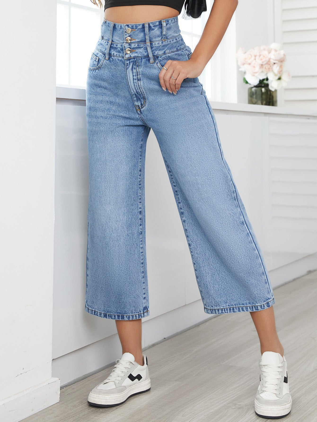 Denim Pants Women Straight High Waist Cropped Pants - ALZO