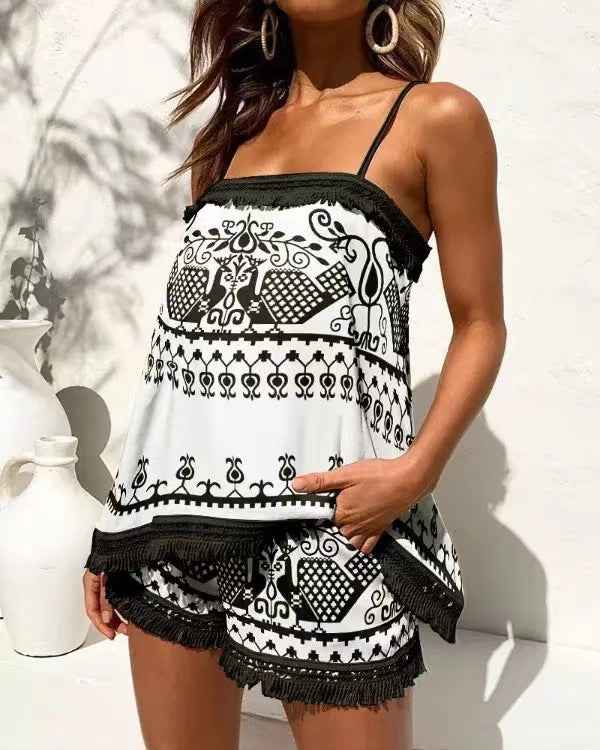 Summer Women Clothing Printed Sexy Sling Tassel Set