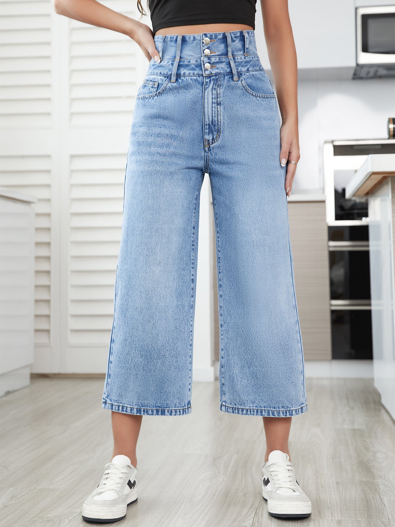 Denim Pants Women Straight High Waist Cropped Pants - ALZO
