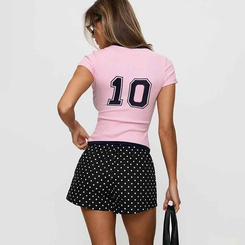 Round Neck Contrast Color Letter Graphic Print Short-Sleeve T shirt Women Summer Street Sexy Top