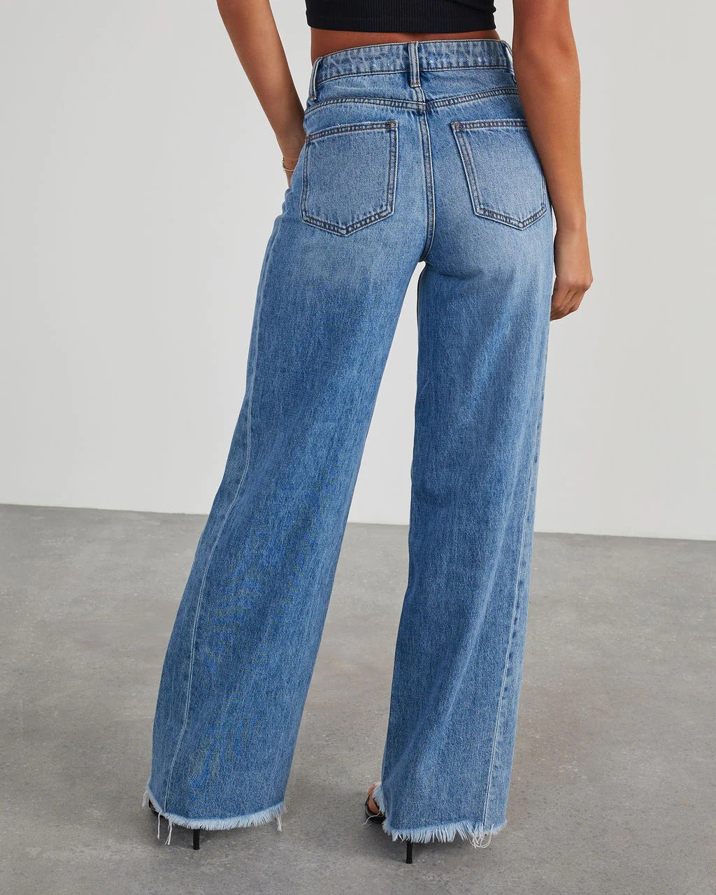 Loose Wide Leg Side Seam Stitching Frayed Hem Jeans Women - ALZO
