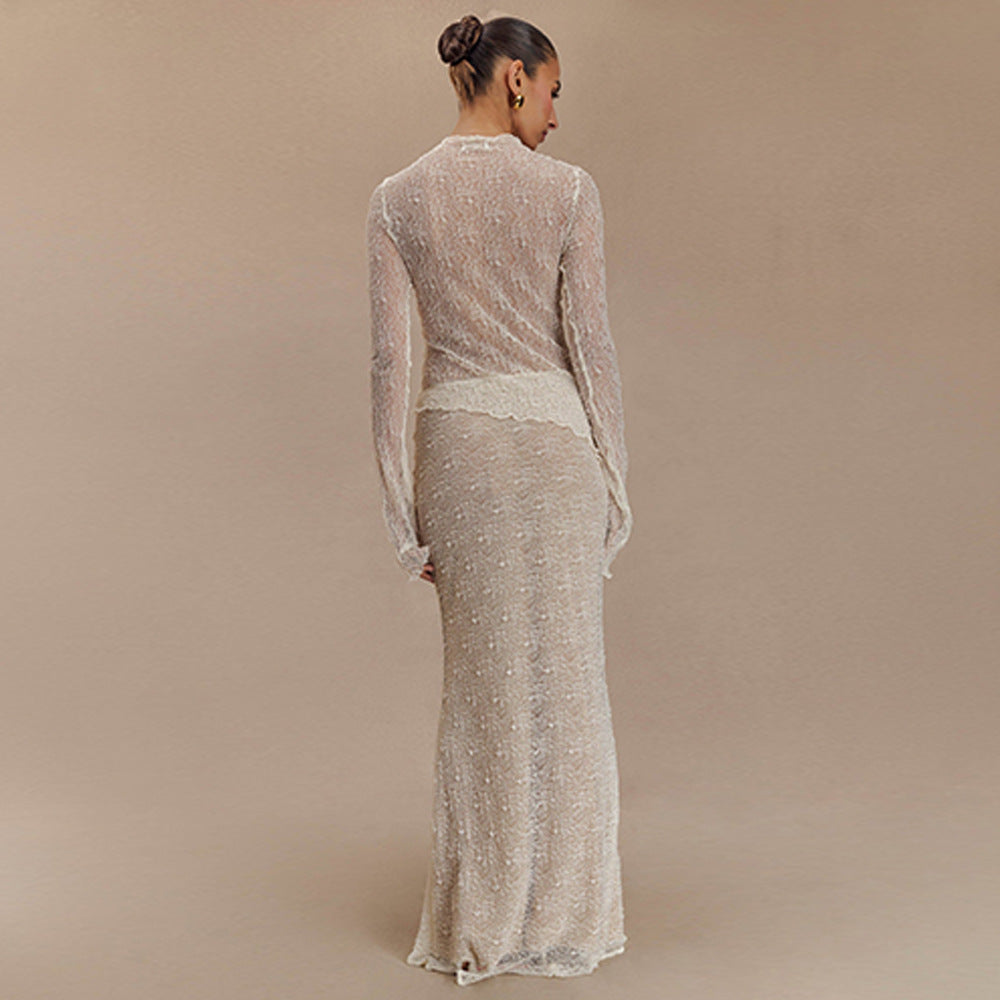 Summer Two Piece Sets Long Sleeve See through T shirt Slim Fit Sexy Skirt - ALZO
