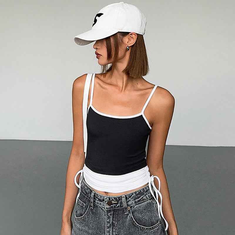 Sexy Sweet Spicy Contrast Color Pleated Sling Short Cropped Sexy Tight Slimming