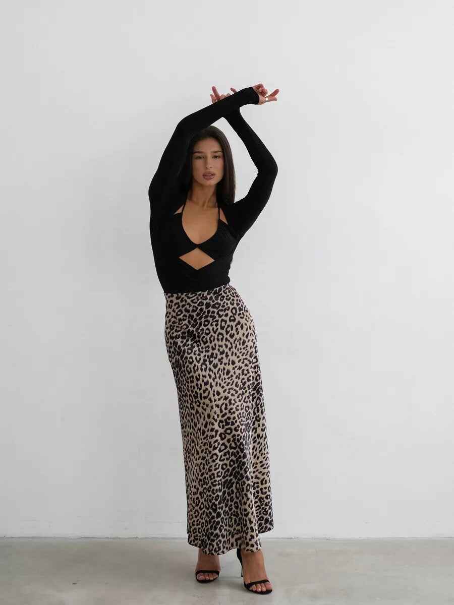 Satin Skirt Sexy Leopard Print Maxi Skirt High Waist Elastic Silky Maxi Skirt