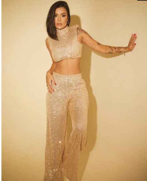 Women Clothing Autumn Sexy Sequined Sleeveless O Neck Short Top Casual Trousers Suit