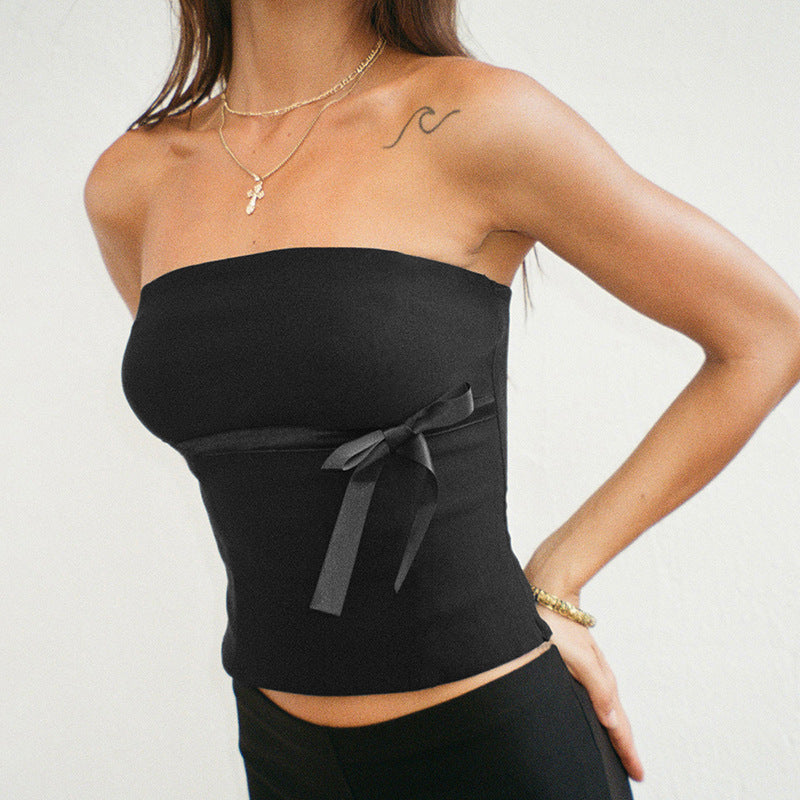 Girly Solid Color Bow Sleeveless Tube Top Women Bottoming Spring - ALZO
