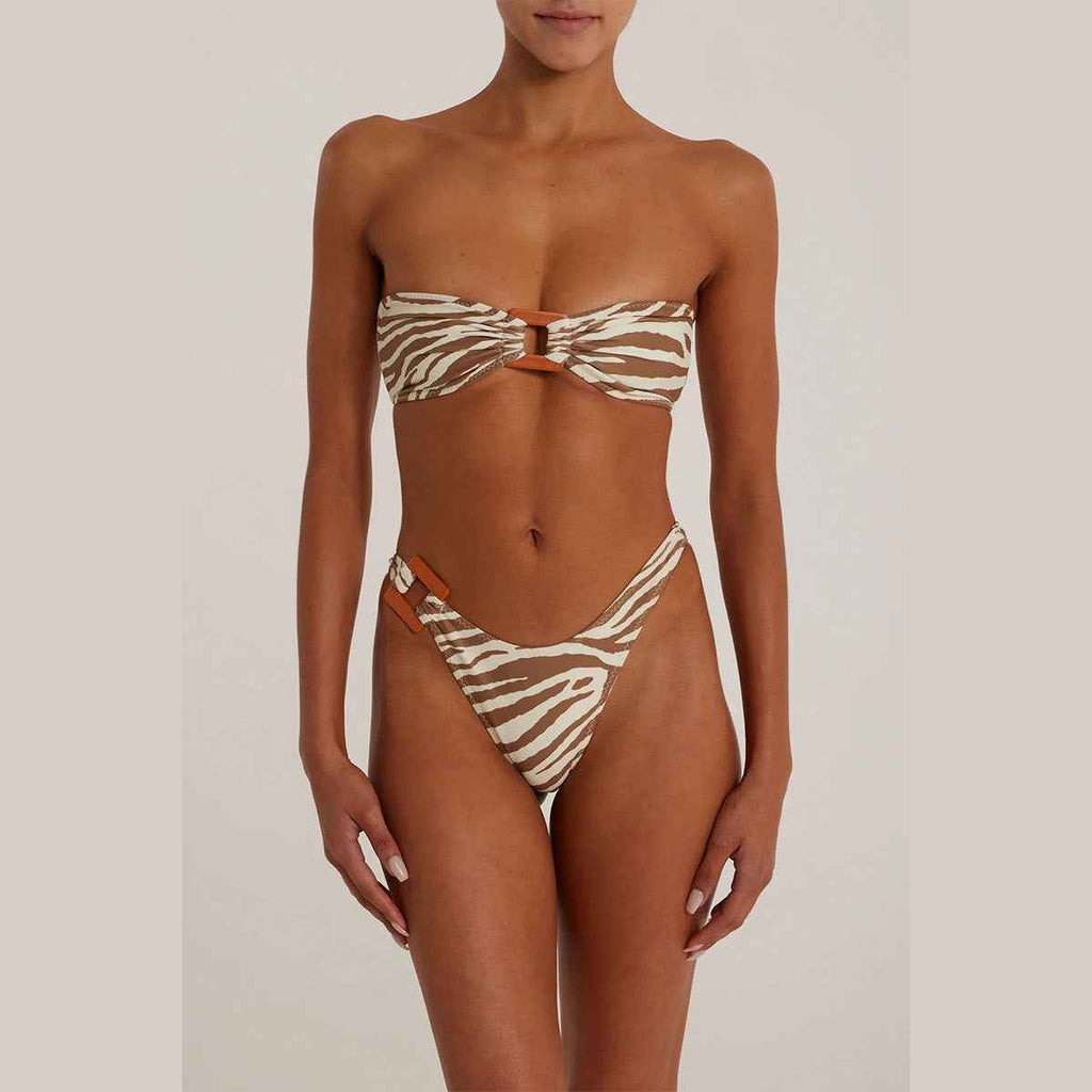 Tube Top Triangle Striped Printed Mid Waist Bikini Sexy Split Swimsuit Women