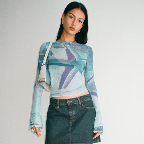 Abstract Printing Bell Sleeve Short Top Women Slim Fit Slimming Summer - ALZO