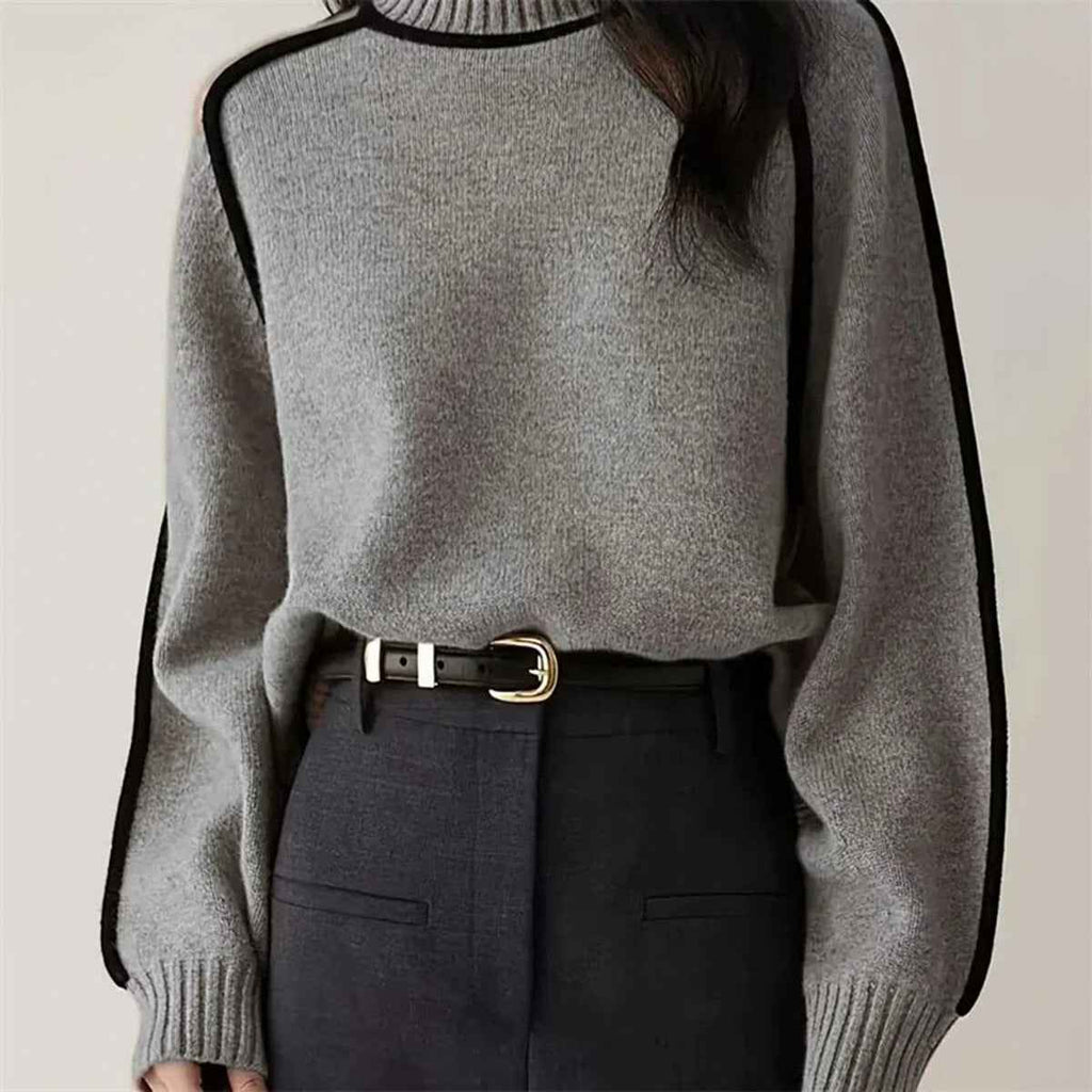 Women Sweater Half Turtleneck with Shoulder Sleeve Top Elegant Line Thread Bottoming Sweater for Women
