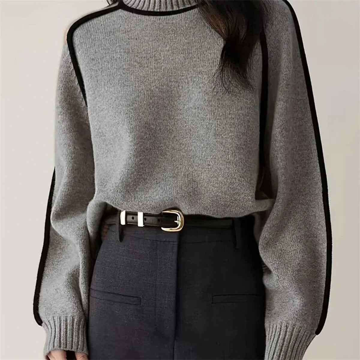 Women Sweater Half Turtleneck with Shoulder Sleeve Top Elegant Line Thread Bottoming Sweater for Women