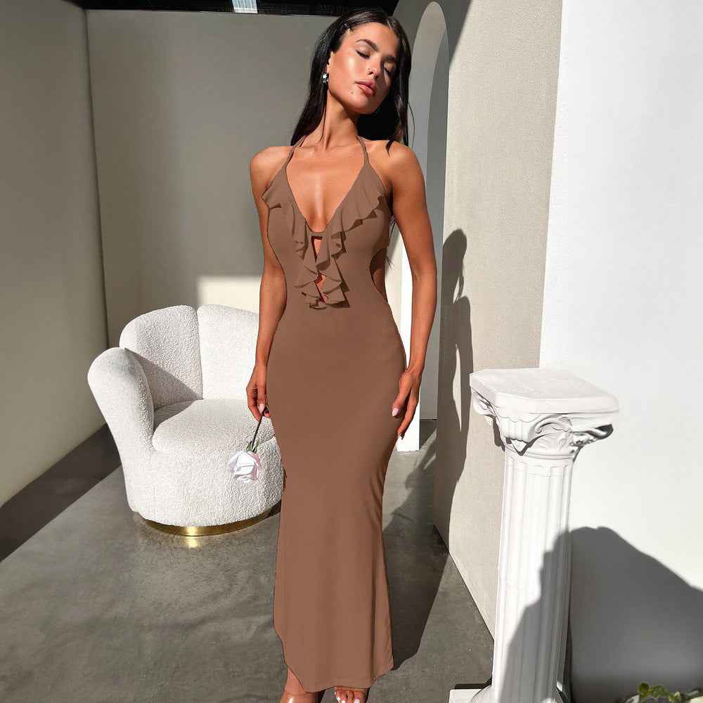 Women Clothing Summer Sexy Close Fitting Slim Fitting Solid Color Halter Sling Dress
