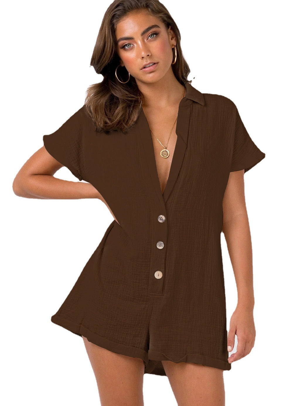Cotton Linen Breathable Comfortable Loose Button Deep V-neck Sexy Casual Women Romper Romper - ALZO