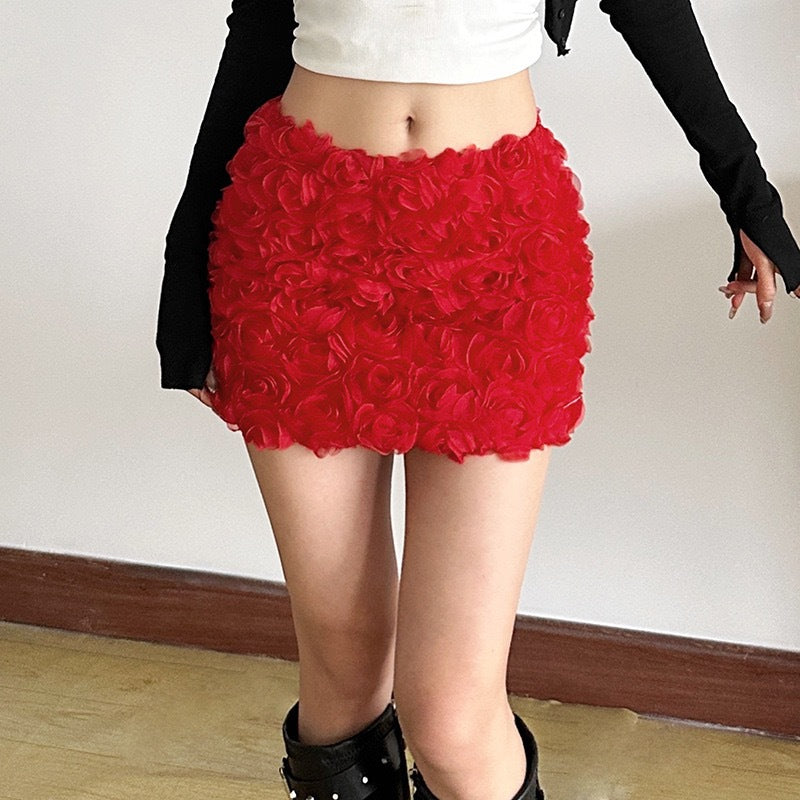 Women Clothing Nightclub Sexy Solid Color Three Dimensional Floral Ultra Short Skirt Straight Hair - ALZO