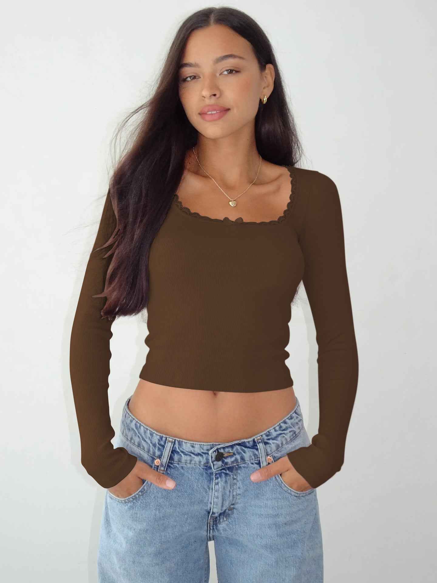 Long Sleeved T Shirt Women Brand Slimming Slim Lace Stitching Sexy Top U Neck Bottoming Shirt