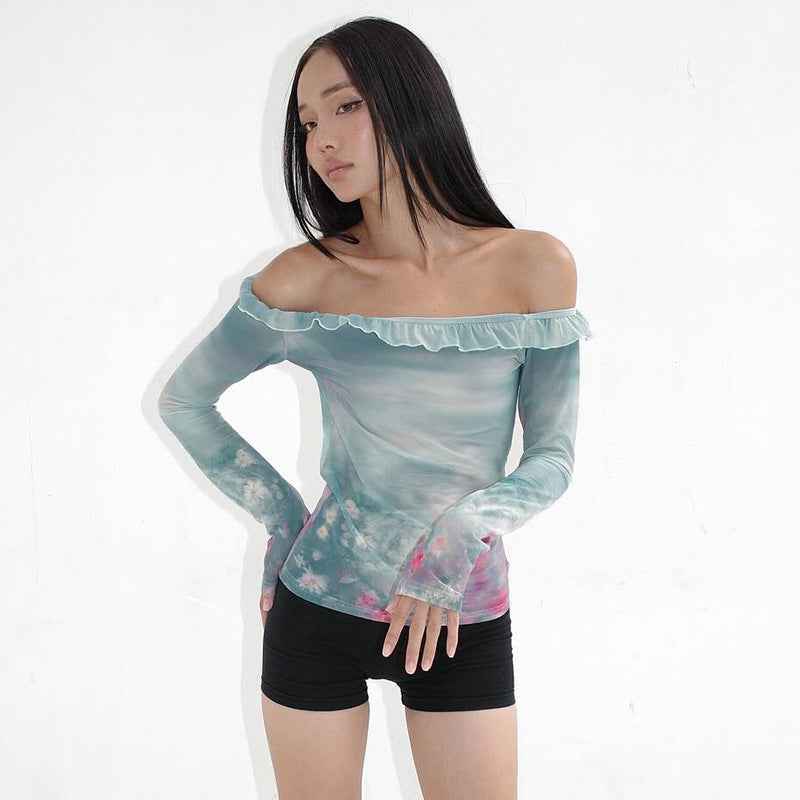Ink Painting Floral Print Off Neck Ruffled Long Sleeve Top Women Summer