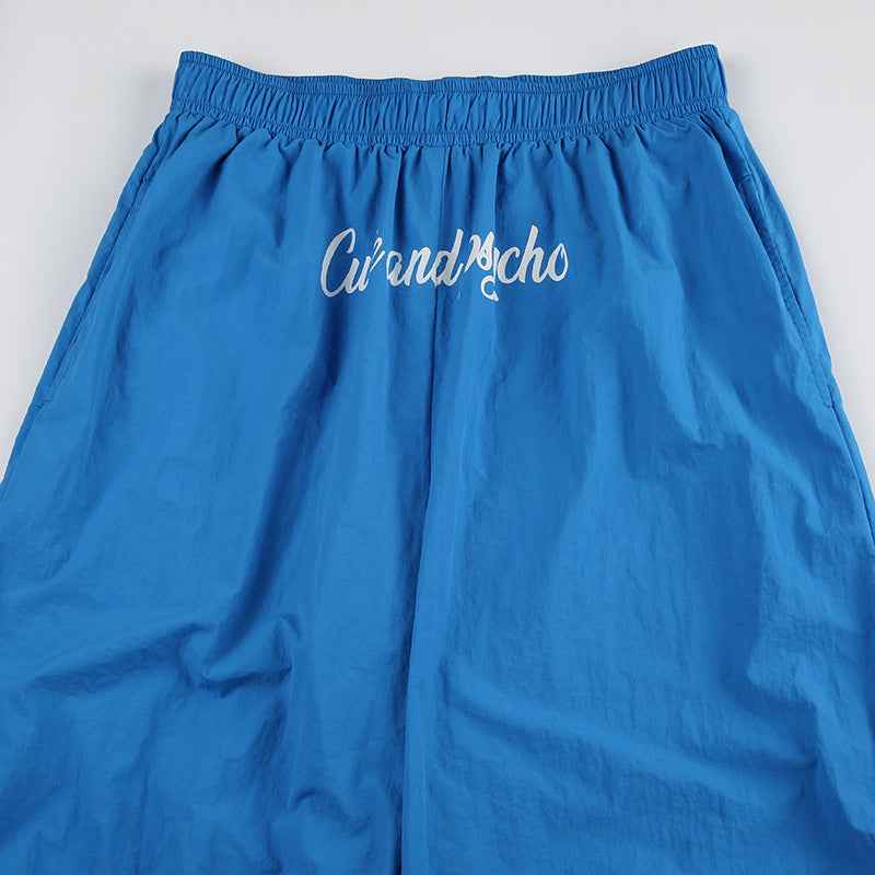 Sexy Letter Graphic Printing Blue Loose Casual Trousers Elastic Waist Minimalism Woven Wide Leg Pants