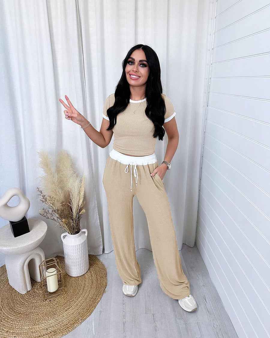 Spring Summer Round Neck Contrast Color Short-Sleeved Women Clothing Casual Wide Leg Pants Sports Suit