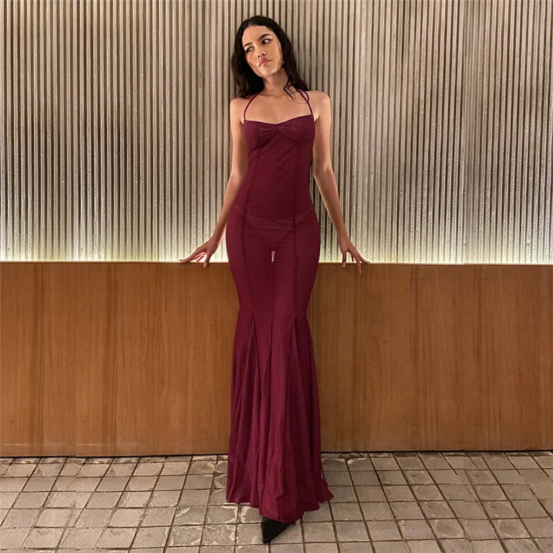 Women Clothing Spring Summer Sexy Mesh Solid Color See through Slim Halter Lace up Dress - ALZO