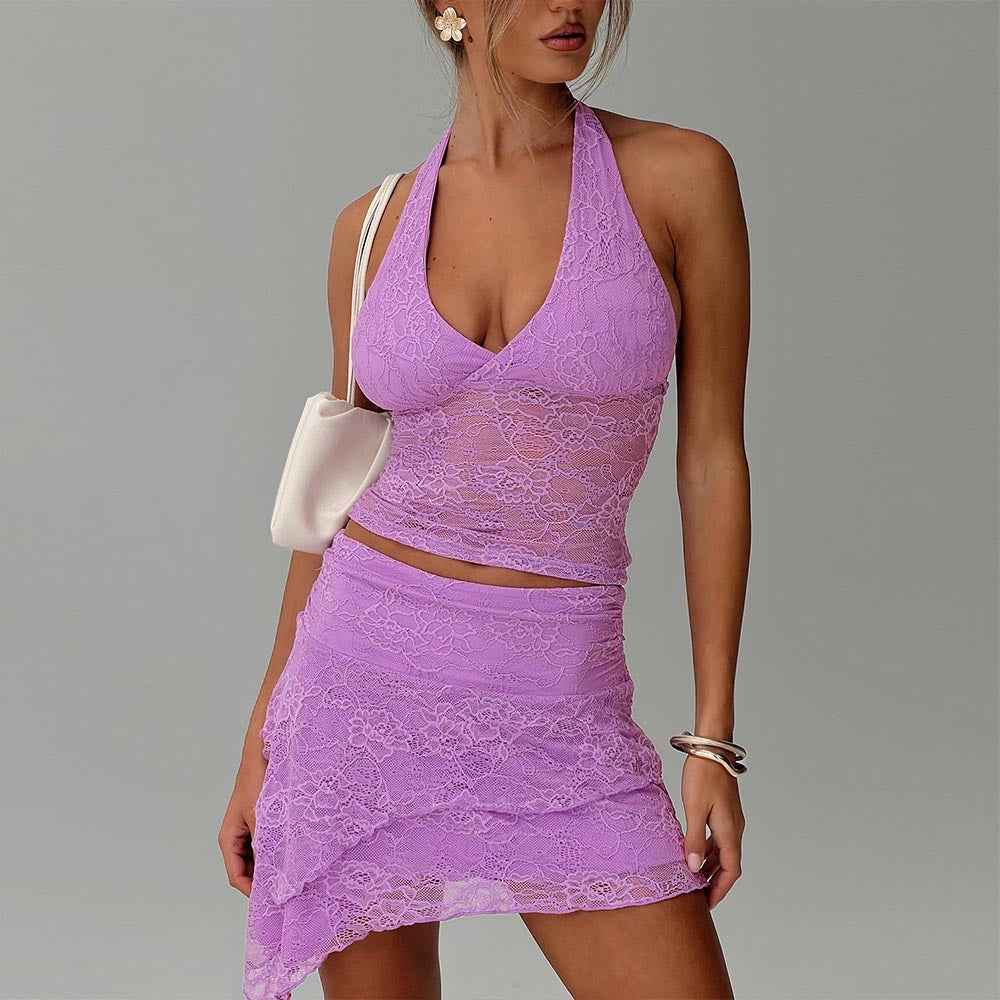 Women Clothing Spring Lace See through Halter Backless Sexy Skirt Two Piece Sets