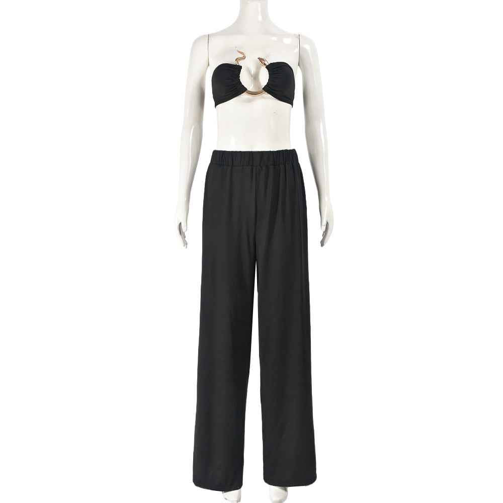 Summer Chest Wrapped Metal Decorative Snake Shaped Cropped Exposed Trendy Pants Suit