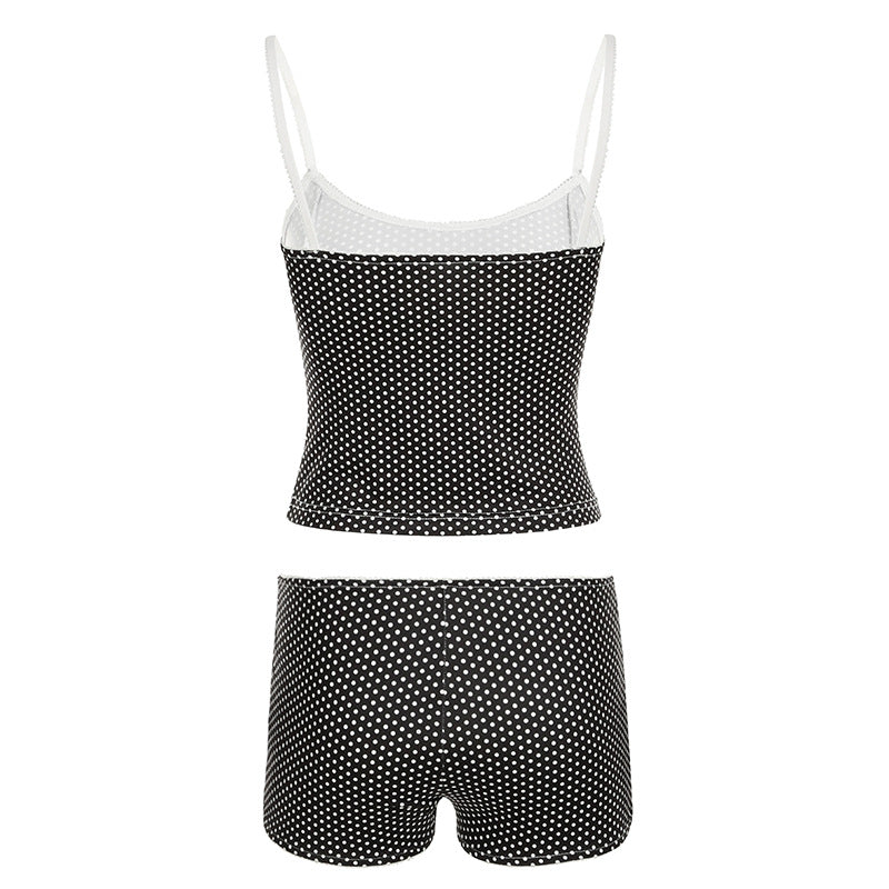 Summer Casual Street Polka Dot Printing Bow Cute Suspenders Top Shorts Basic Two Piece Sets - ALZO