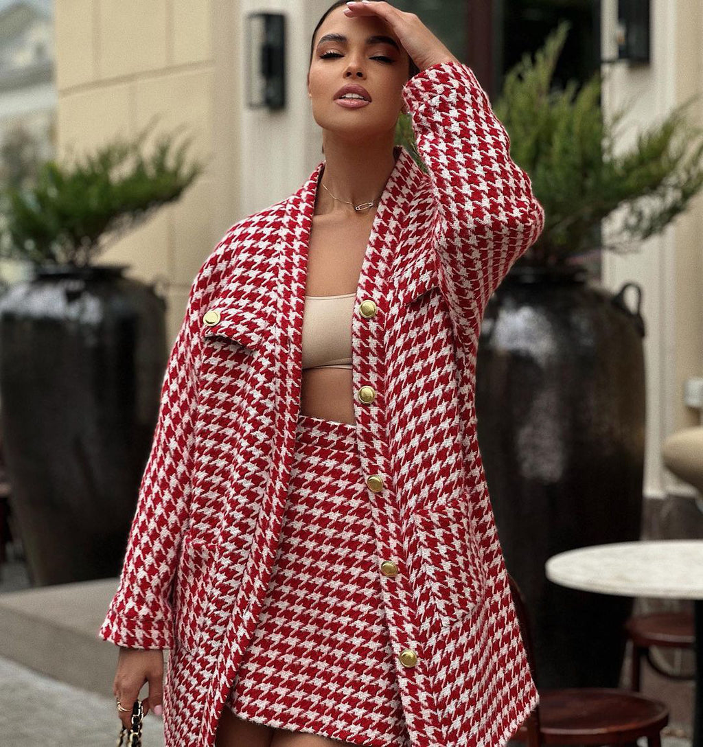 Women Clothing Autumn Winter Chanel Suit Women Houndstooth Tie Front Top Hip Skirt Two Piece Set - ALZO