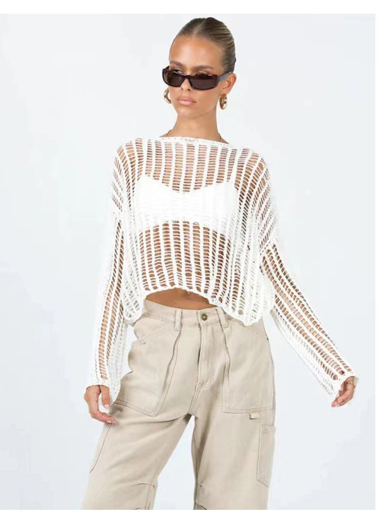 Long Sleeve Hollow Out Cutout Out Knitted Mesh Shirt Women Summer Thin Type Sunscreen Blouse Early Spring Top Outer Wear - ALZO