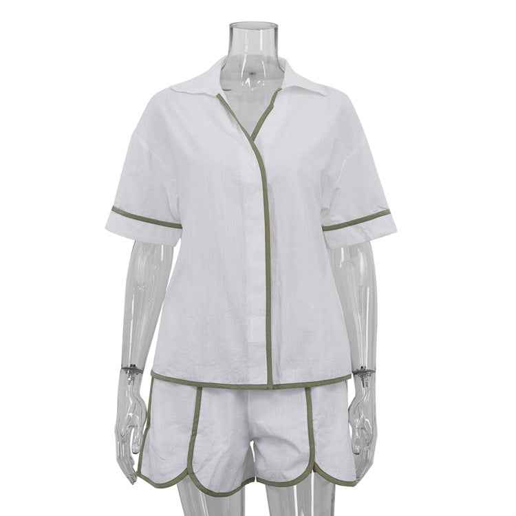 Color Contrast Half Sleeve Shirt Shorts Two Piece Sets Casual Loose Cotton Women