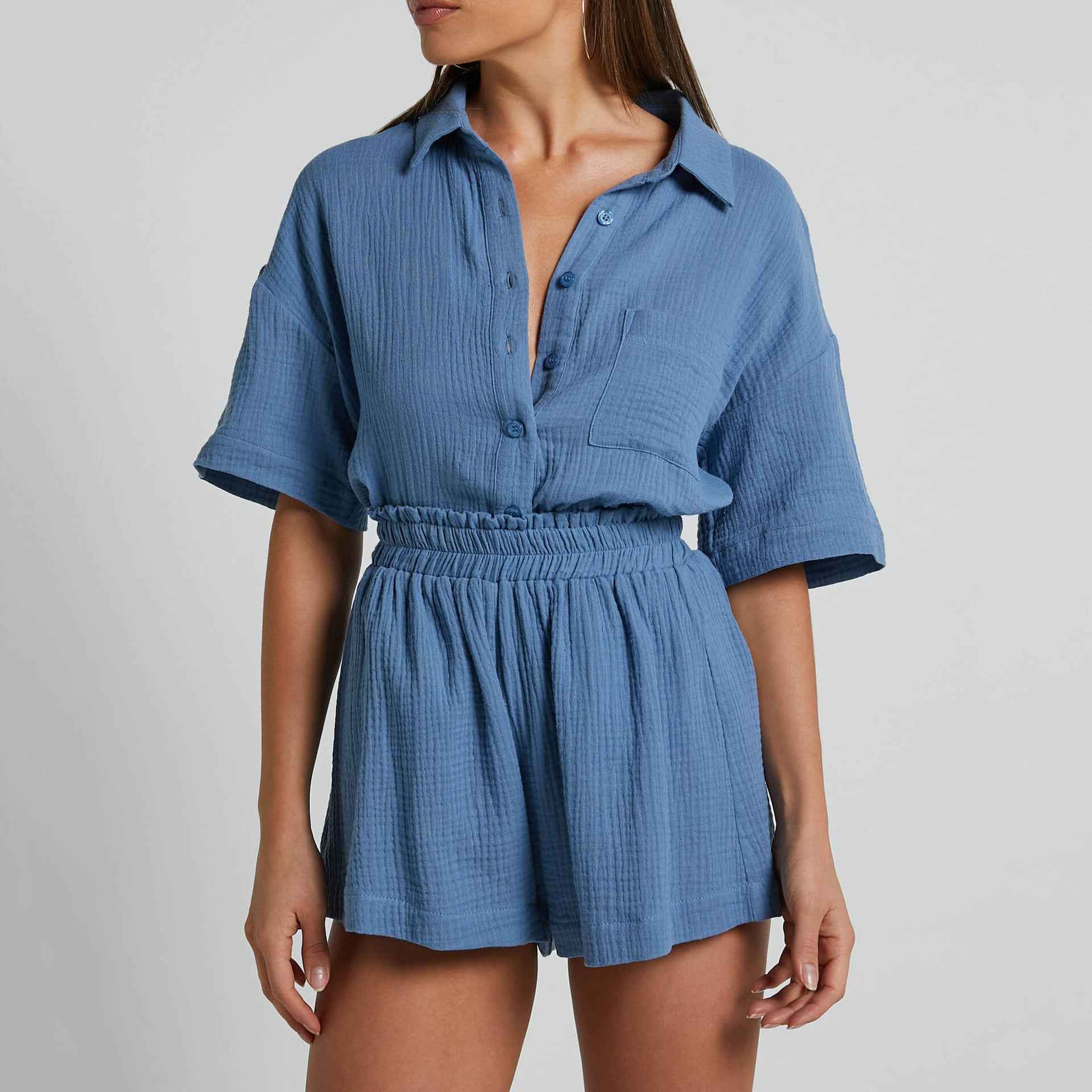 Solid Color Shirt Outfit Women Casual Loose Short Sleeves Single Breasted Women Clothing Spring Summer Shorts Two Piece Set