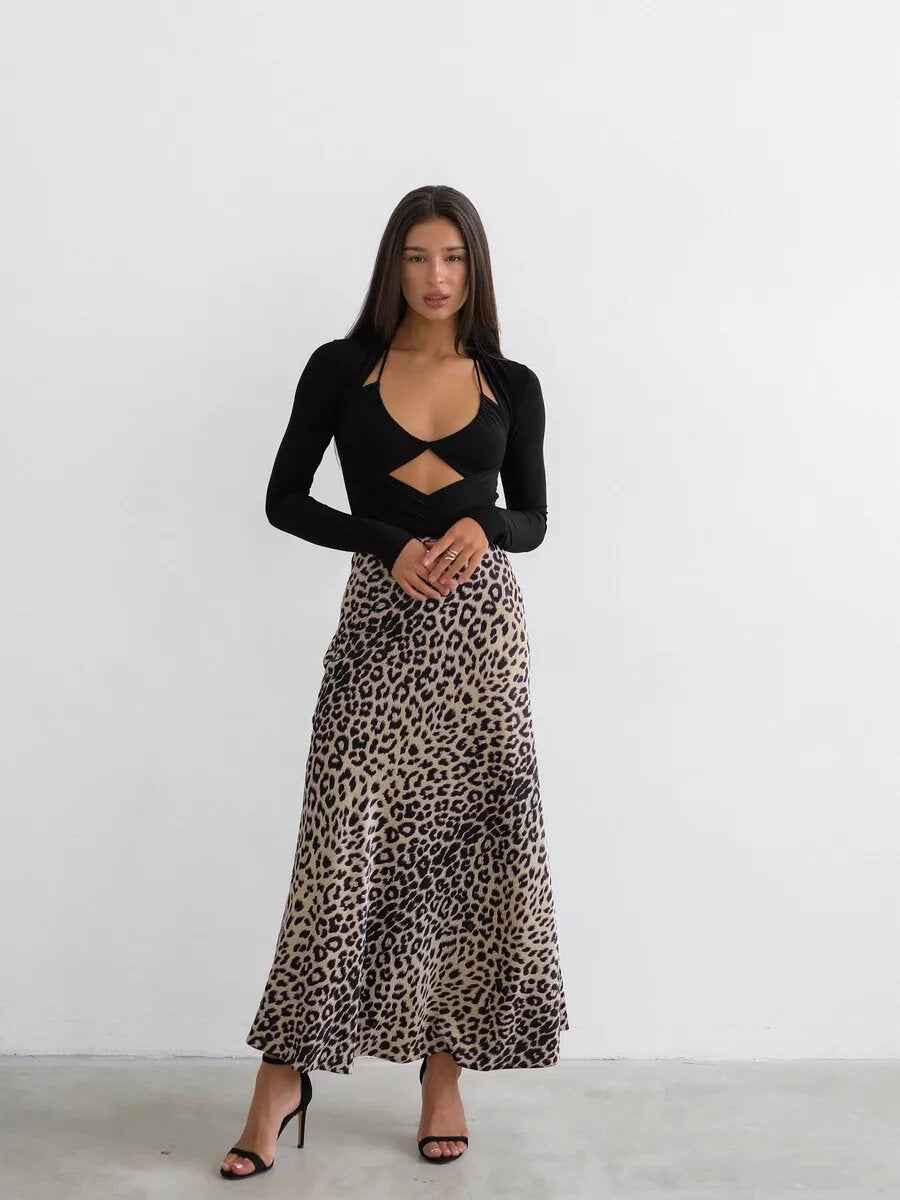 Satin Skirt Sexy Leopard Print Maxi Skirt High Waist Elastic Silky Maxi Skirt