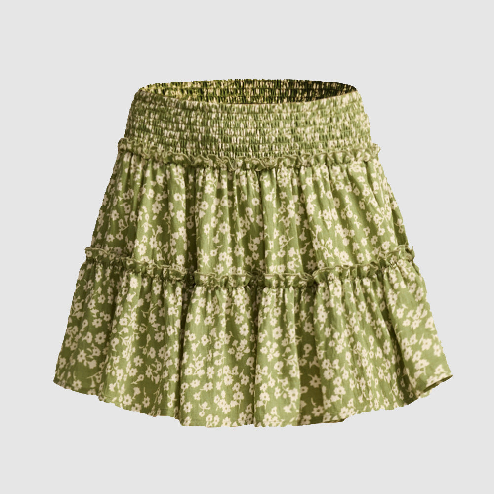 Floral Skirt Pants Lined A line Skirt High Quality Smocking Tight Waist Elastic Culottes - ALZO