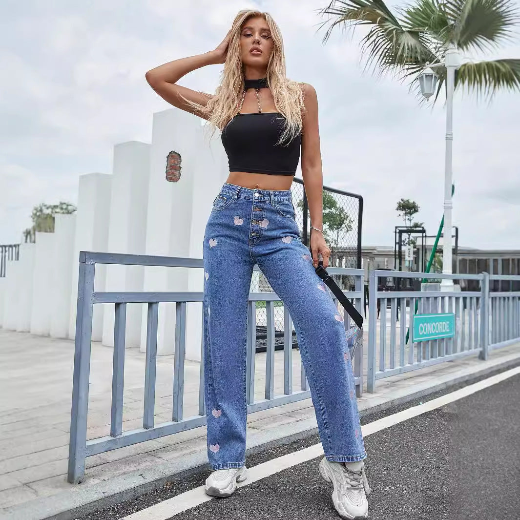 Women Clothing Love Embroidered Casual High Waist Straight Jeans Trousers - ALZO
