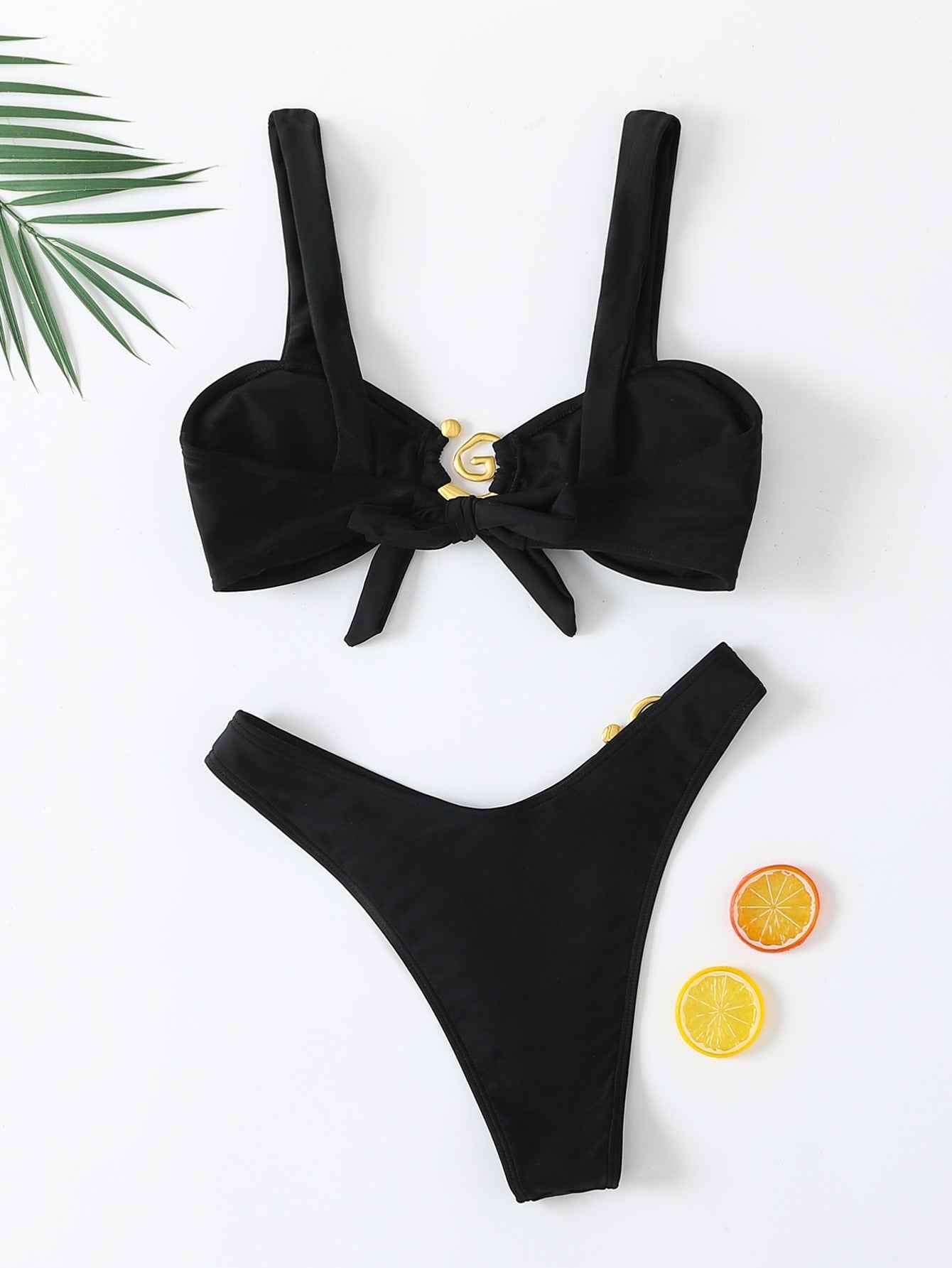 Bikini Solid Color Tied Low Waist Sexy Bikini Split Swimsuit Women Swimwear