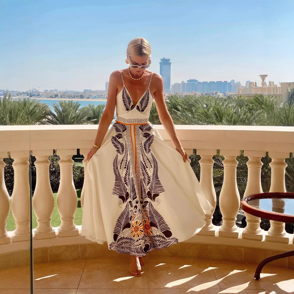 Summer Backless Self Tie Dress Printed V neck Elegant Dress - ALZO