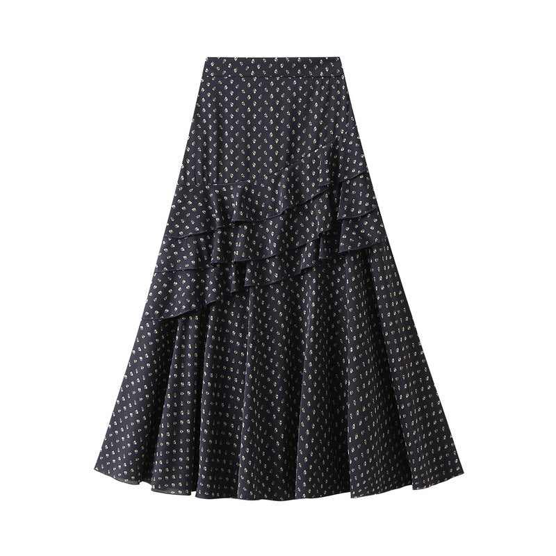 Ruffled Floral Chiffon Skirt Women Summer High Waist Slimming Mid Length A line Skirt - ALZO
