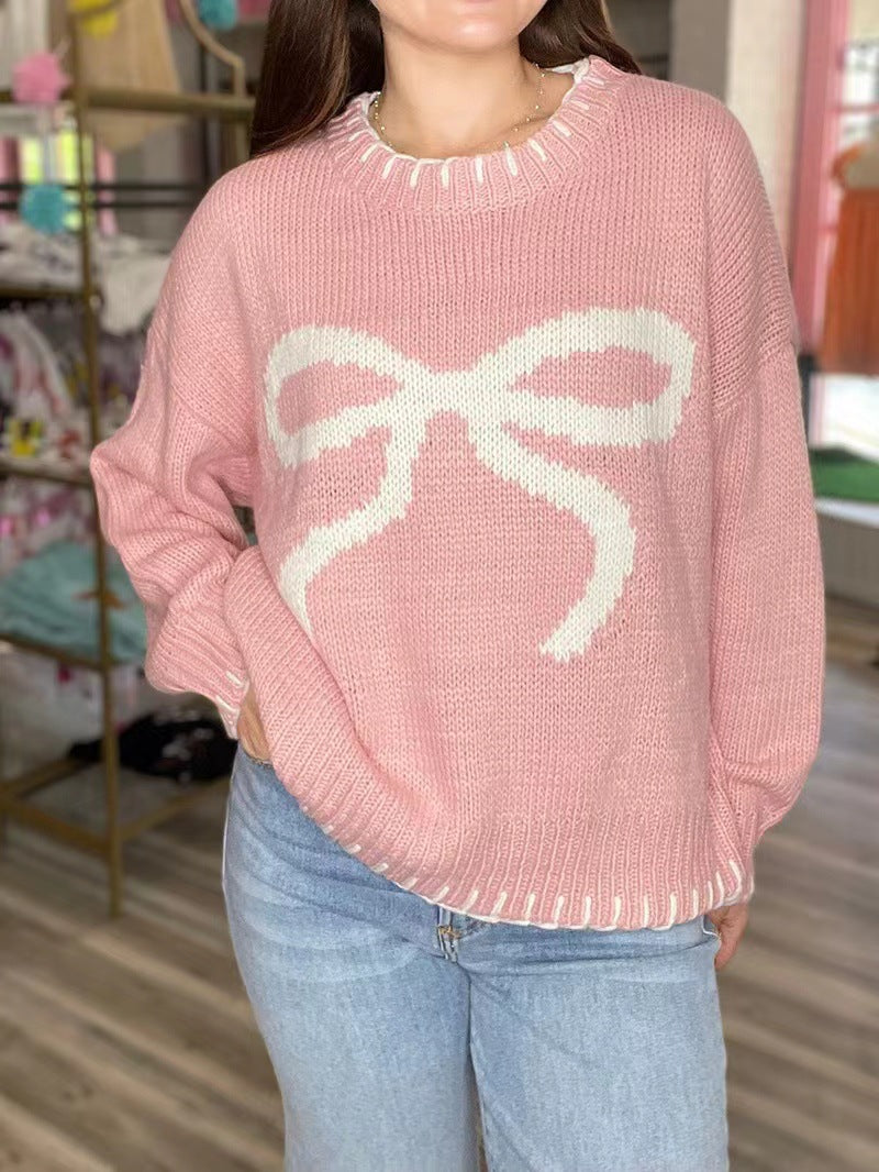 Lazy Wind Pullover Knitted Top Bow Jacquard Loose Fitting Outerwear Sweater Women - ALZO