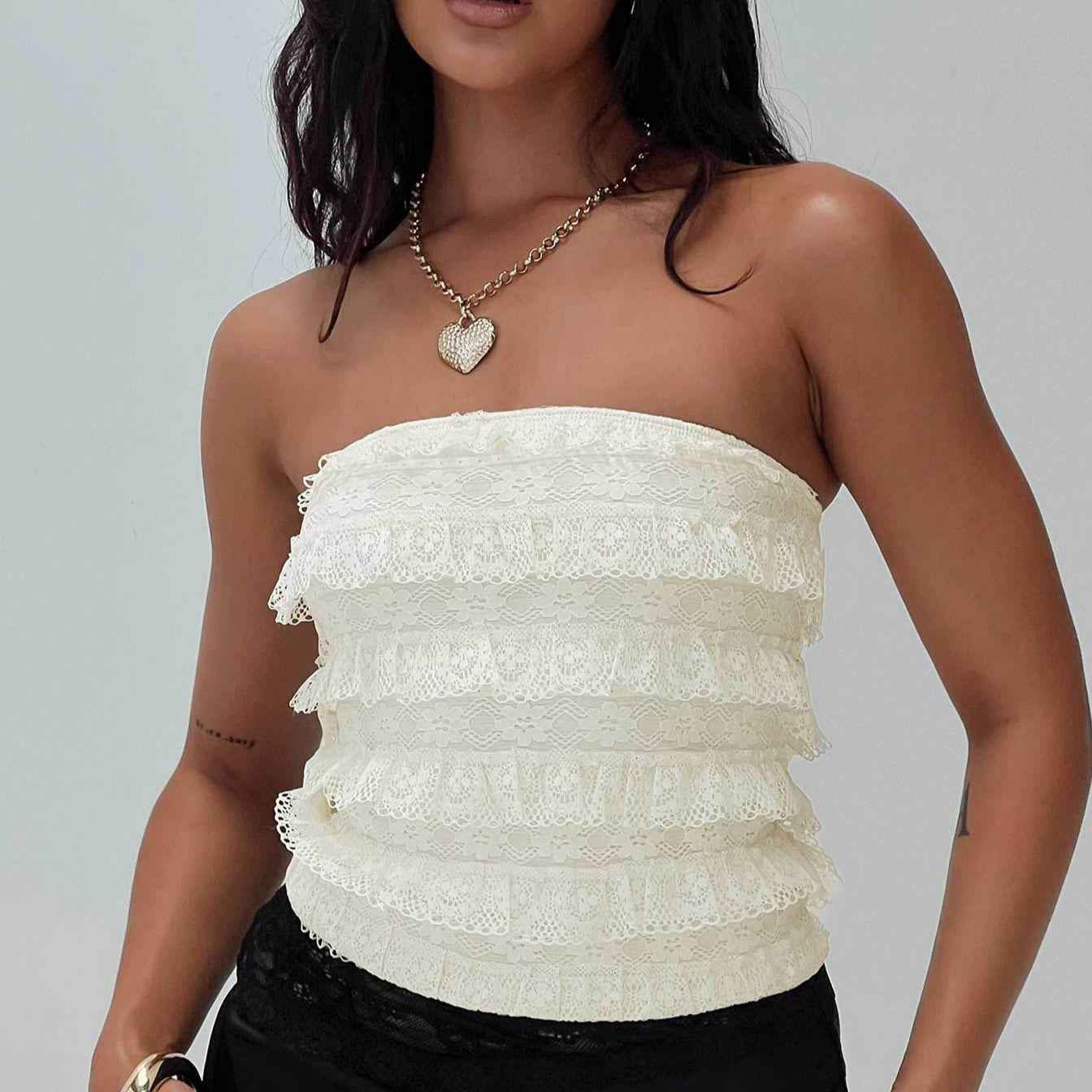 Sexy Lace Pleated Lace Solid Color All-Matching French Tube Top